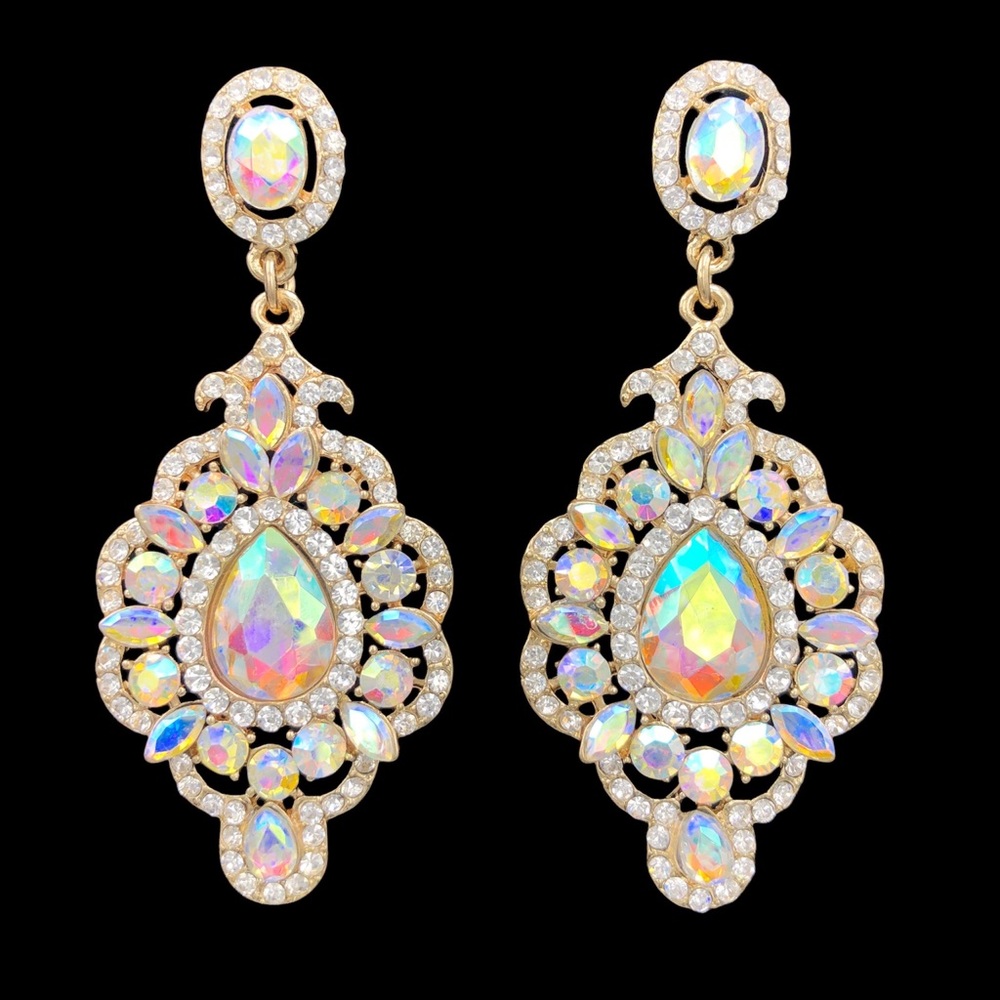 AB Iridescent Rhinestones Unique Formal Fancy Gold Post Drop Earrings
